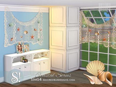 SIMcredible!'s Coastal dining - fishnet 2x1 Sims 4 Beds, Mermaid Home Decor, Sims 4 Kitchen, Sims 4 Tsr, Mermaid Toys, Coastal Dining, Mermaid Room, Casas The Sims 4, Sims 4 Teen