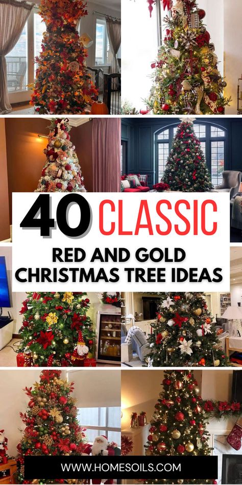 Deck the halls with 40 classic red and gold Christmas tree ideas that bring elegance and festive cheer to your holiday decor. Discover these stunning inspirations on our website! Good And Red Christmas Tree, Ted And Gold Christmas Tree, Christmas Tree Themes Red And Gold, Christmas Tree Ideas Red And Gold Simple, Red Gold Christmas Tree Decoration, Christmas Tree Red And Gold Decorations, Christmas Red And Gold Decorations, Traditional Xmas Tree Decorating Ideas, Red White And Gold Christmas Tree Ideas