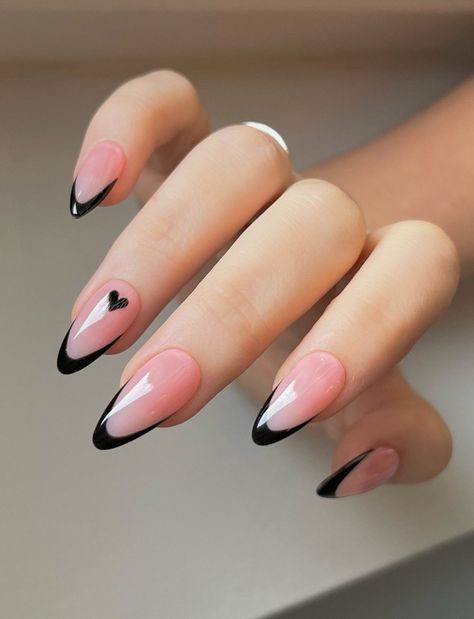 40 Trendy French Tip Nails For A Modern Twist Oval Nails With French Tip, Black Almond Nails French Tip, Trendy Nails Ideas Black, Black Tip Nails With Design, Trendy Summer Nails French Tip, Black French Tips Almond, Upside Down French Nails, Black Almond French Nails, Nails With French Tip Design