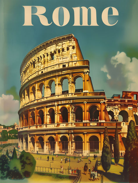 Welcome to our captivating Rome Colosseum Travel Poster listing! This stunning piece of art celebrates one of Italy's most treasured landmarks, the majestic Colosseum. With its retro design and vintage charm, the poster exudes a classic European vibe, perfect for any travel enthusiast or history buff.

Featuring the ancient Colosseum, this poster illustrates the architectural wonder in exquisite detail, with warm earthy tones that evoke the rich history of Rome. Europe Graphic Design, Vintage Rome, Rome Poster, Rome Colosseum, Italian Wall Art, Italy Magazine, Italy Poster, Design Layouts, Travel Postcard