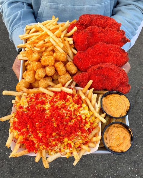 HOT CHEETOS?!? 🔥😱 Hot Cheetos Chicken Strips, French Fries, Tater Tots & Hot Cheetos Elote Fries!🔥🐔🍟 Follow @hungryhugh for more food! 🙌🏼… Hot Cheetos Chicken, Cheetos Chicken, Hot Cheetos, Junk Food Snacks, Food Babe, Spicy Food, Tater Tots, Chicken Strips, Yummy Comfort Food