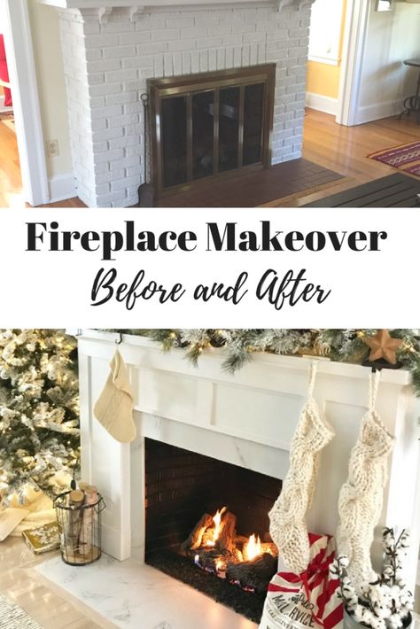 Fireplace Makeover before and after photos and details Wood Fireplace Makeover Ideas, Fireplace Redo Before After, How To Redo A Fireplace, Before After Fireplace, Painted Inside Fireplace, 1950s Fireplace Makeover, Redone Fireplace Ideas, Fireplace Renovation Before And After, Full Wall Brick Fireplace Makeover