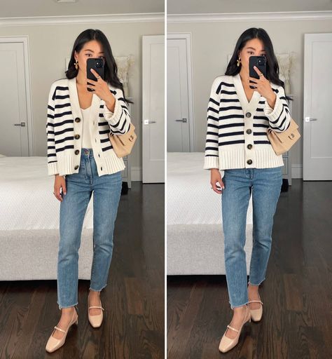 Sezane Style, Cardigan Outfit Spring, Stripe Cardigan, Cardigan Outfit, Petite Clothing, Plain Outfits, Jeans Outfits, Capsule Outfits, Chunky Knit Cardigan