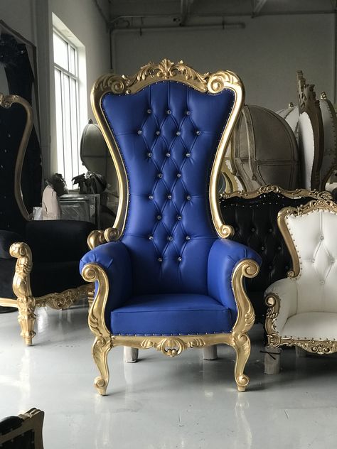 CP Isabella Throne  37”L x 30”D x 70”H  Gold leaf | Royal blue Royal Blue Theme Quinceanera Tables, Navy Blue And Gold Quince Cake, Qencenera Ideas Royal Blue, Quince Royal Blue Dresses, Royal Blue And Gold Heels, Blue Gold Quinceanera Theme, Quince Dresses Royal Blue Butterfly, Royal Blue And Gold Quinceanera Crown, Royal Blue Surprise Dance Outfit