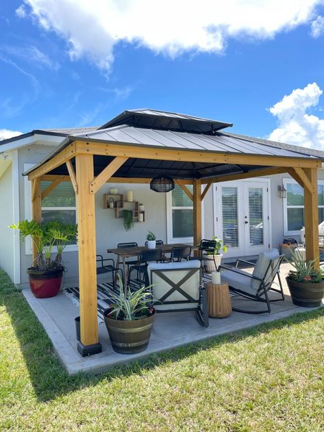 Paver Patio Ideas With Gazebo, Backyard Pergola Ideas Patio Design Gazebo, Gazebo Porch Addition, Back Patio On A Budget, Simple Backyard Gazebo, Gazebo Placement In Yard, Outdoor Dining Table Under Gazebo, Pergola Patio With Roof, Backyard Patio Addition