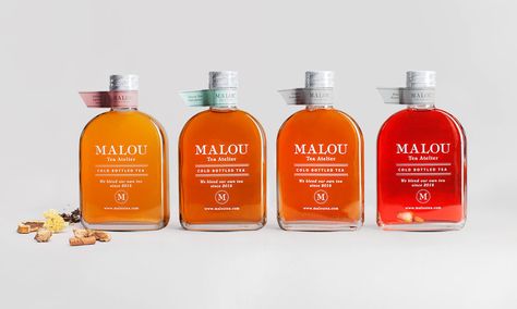 It’s time for tea! Spanish agency Oronoz designed this elegant packaging   for Malou Tea Atelier. Rtd Cocktails, Secondary Packaging, Tea Packaging Design, Juice Branding, Drinks Packaging Design, Bottle Design Packaging, Juice Packaging, Alcohol Packaging, Make Tea