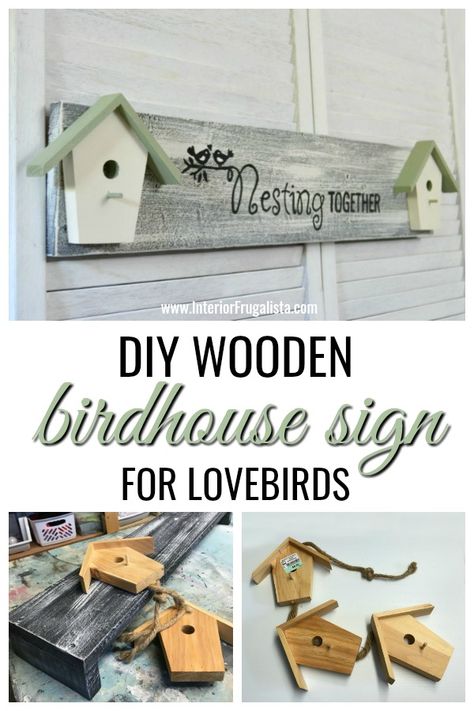 Here I'm sharing an adorable DIY Wooden Birdhouse Sign for summer using a salvaged board and two wooden birdhouses for under $4. Would make an adorable wedding or anniversary gift!| The Interior Frugalista Paper Quilts, Repurposed Projects, Birdhouse Ideas, Spring Wood Crafts, Sign Inspiration, Wooden Birdhouse, Upcycled Projects, Birdcages, Bird Houses Diy