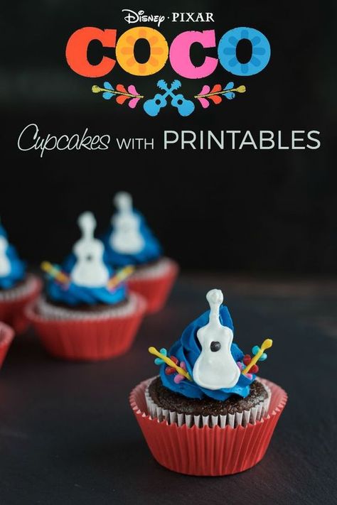 Adorable Disney Pixar Coco Inspired Guitar Cupcakes Recipe with Printables Pixar Party Ideas, Guitar Cupcakes, Ideas For Cupcakes, Coco Cake, Disney Inspired Recipes, Pixar Party, Coco Birthday, Coco Party, Coco Movie