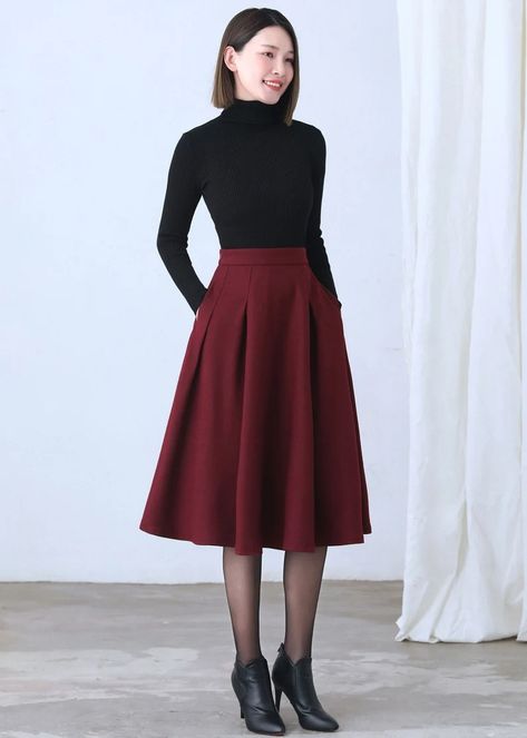 Wool Skirt, Red Midi Wool Skirt, A Line Wool Skirt, High Waist Wool Skirt With Pockets, Womens Skirt, Winter Wool Skirt, Ylistyle C2635 - Etsy Winter Wool Skirt, Midi Wool Skirt, Circle Skirt Outfits, Skirt Winter, Skirt A Line, Polished Casual, Box Pleat Skirt, Maxi Rok, Red Midi