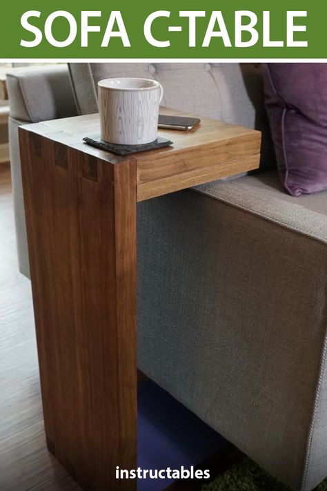 Diy Over Arm Sofa Table, End Tables That Slide Under Couch, Diy Slide Under Sofa Table, C Shaped Table For Sofa, Sofa C Table Diy, Laptop Sofa Table, Arm Rest Table Diy, Slide Under Sofa Table, Couch C Table