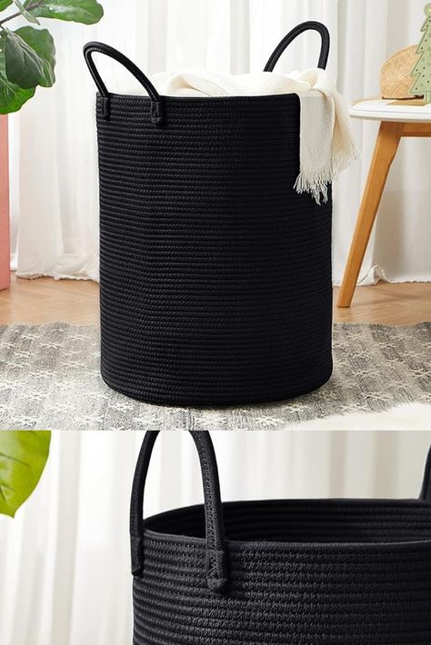 Black Laundry Basket Woven Hamper, 15Dx20H inches Tall Cotton Rope Laundry Basket, Large Clothes Hamper for Bedroom, Baby Nursery Kids Laundry Basket Organizer Bedroom Hamper, Black Laundry Basket, Rope Laundry Basket, Laundry Basket Organizer, Kids Laundry Basket, Woven Hamper, Black Laundry, Kid Laundry, Laundry Bin