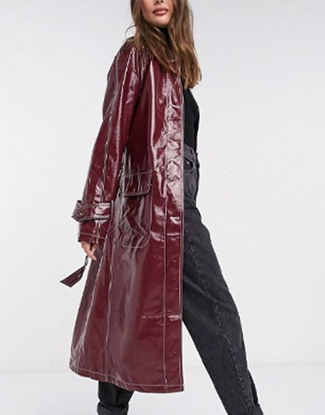 ASOS Design Tall Vinyl Trench Coat With Contrast Stitching in Oxblood Vinyl Trench Coat, Wardrobe Fails, Vinyl Coat, Mode Mantel, Tailored Coat, Coat Outfit, Maxi Coat, 2020 Trends, Dress With Cardigan