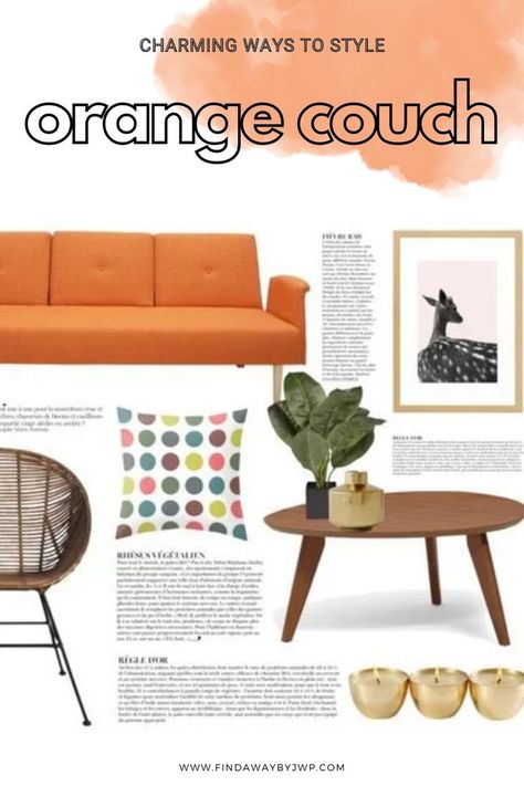 Orange couch styling ideas. This living room layout features a mid-century modern orange sofa and walnut furniture with stylish decorative items and cute animal wall art. Couch Styling Ideas, Walnut Furniture Living Room, Orange Couch, Couch Styling, Orange Sofa, Living Room Layout, Living Room Orange, Walnut Furniture, Orange Decor