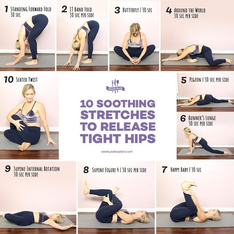 Practice these 10 soothing stretches twice a day to reverse damage caused by excess sitting. From a standing forward fold to a gentle pigeon pose to open up tight hip flexors, these simple stretches are just what your achy muscles need. Stretching Your Hips, Gentle Hip Stretches, Stretches For Opening Hips, Good Hip Stretches, Pilates For Hip Flexor, Stretches To Open Hips, Hip Opening Stretches For Plus Size, Hip And Back Stretches, How To Open Up Hips