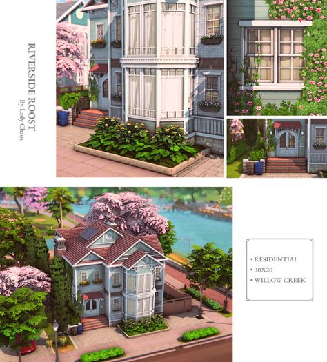 RIVERSIDE ROOST [CC-FREE] Sims 4 Willow Creek Park, Sims 4 Willow Creek Renovation, Sims 4 Willow Creek, Sims 4 Willow Creek Save File, Wood Lap Siding, Sims 4 Willow Creek Community Lots, Sims4 Furniture, Build Inspiration, Sims Houses