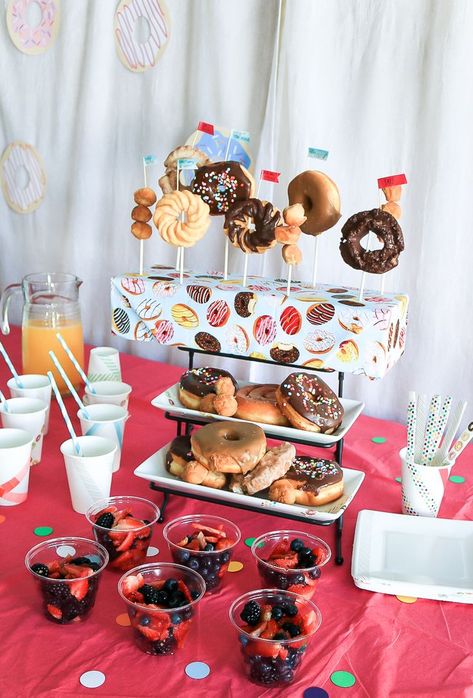 Food display for a donut themed baby shower | How to decorate a donut bar for a brunch baby sprinkle with lots of color! Loving all of these diaper and donut baby sprinkle party ideas and DIY budget friendly shower decorations  #ad #donutbar #babysprinkle #fooddisplay #partyfood Donut Baby Shower Ideas, Donuts And Diapers Baby Sprinkle, Diy Food Display, Donuts And Diapers, Donut Pop, Donut Sprinkle, Bday Brunch, Baby Sprinkle Decorations, Donut Decor