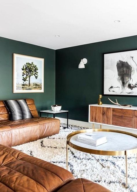 Black And Wood Interior, Colour Living Room, Green Accent Walls, Dark Green Walls, Brown Couch, Wood Interiors, Green Accents, Green Wall, Black Wood