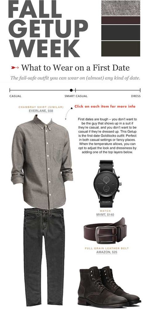 The Getup: Fall Version What to Wear on a First Date The Getup Men, First Date Outfit Men, Date Outfit Men, Manly Outfits, Chaps Fashion, Mens Office Fashion, Taylor Clothes, Stylish Men Wear, First Date Outfits