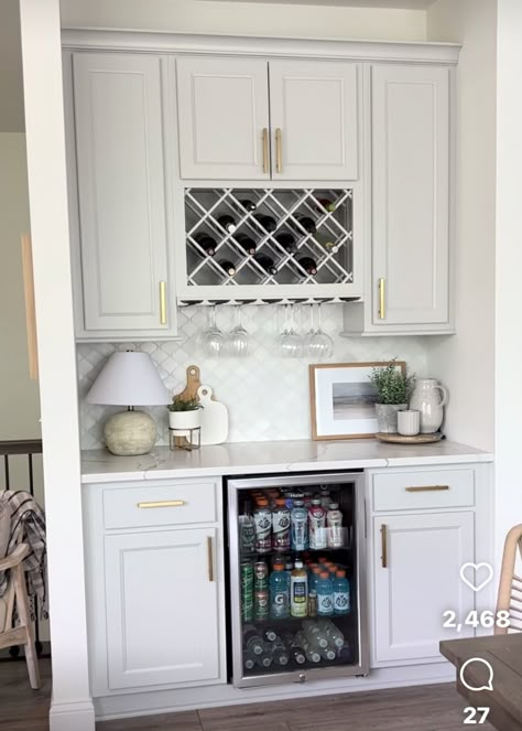 Drink Fridge In Kitchen, Beverage Bar Ideas, Kitchen Beverage Center, Fridge In Kitchen, Bar Coffee Station, Coffee And Wine Bar, Family Room Bar, Future Apartment Ideas, Bar Pantry