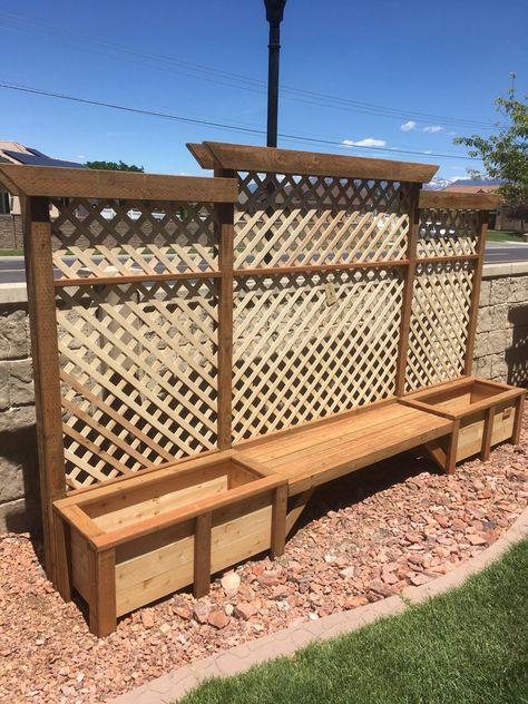 Trellis For Privacy Backyards, Garden Trellis Ideas Patio Privacy Planter Boxes, Trellis Planter Ideas For Privacy, Front Yard Privacy Wall Ideas, Planter Boxes With Privacy Screen, Shared Yard Privacy, Lattice In The Garden, Road Side Garden Ideas, Outdoor Privacy Wall With Bench