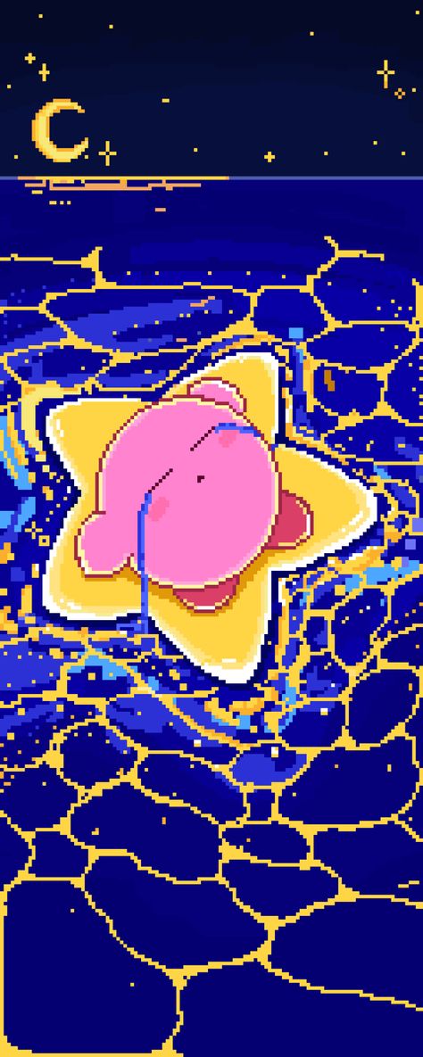 Original pin Pixel art sad kirby on star in ocean wallpaper #kirby #wallpaper #pixelart Kirby Wallpaper Lockscreen, Kirby Sleeping Wallpaper, Kirby On Star, Blue Kirby, Kirby Wallpaper, Video Game Backgrounds, Oxford Comma, Ocean At Night, Ocean Wallpaper