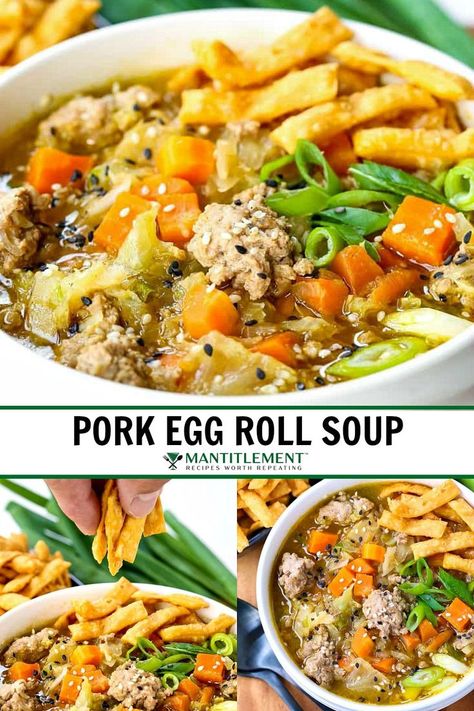 This Pork Egg Roll Soup recipe taste just like your favorite Chinese take out egg roll! But this is a much healthier version, in soup form! Pork Soups And Stews, Eggroll Soup, Egg Roll Soup Recipe, Beefy Tomato Soup Recipe, Heathy Recipe, Egg Roll Soup, Pork Soups, Pork Soup Recipes, Pork Egg Rolls