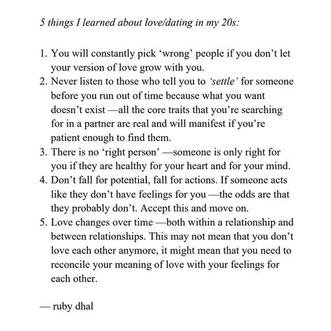 Ruby Dhal on Instagram: “A few things I learned about love in my 20s. I have an amazing new announcement coming in my newsletter! If you haven't subscribed yet,…” Quotes About Your 20s, Things I Learned In My 20s, Dating In Your 20s, Being In Your 20s, 20s Life, Self Acceptance Quotes, Ruby Dhal, Acceptance Quotes, In My 20s