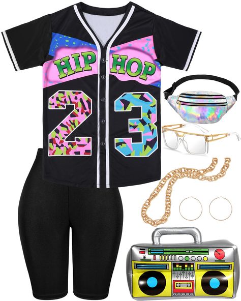 PRICES MAY VARY. Thoughtful and Various Set: the 90s outfit for women contains 1 hip hop baseball jersey shirt, 1 faux gold rope chain, 1 pair of round hoop earrings, 1 fanny pack, 1 yoga pant, 1 gold rimmed glasses, 1 inflatable radio boombox photo prop, which can meet your various dressing up demands for 80s or 90s party theme Attractive Rapper Accessories: the lens of the glasses are made of polycarbonate, measuring about approx. 57 mm/ 2.24 inches wide, 45 mm/ 1.77 inches high, about 125 mm/ 90s Graffiti Outfit, Revenge Fits, 80s Attire, 90s Attire, Rapper Costume, 90s Theme Party Outfit, 90s Rappers, Hip Hop Costumes, 90s Theme Party