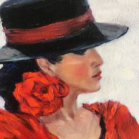 Spanish Dancer Painting, Hat Painting, Dancer Painting, Spanish Dancer, Flamenco Dancer, Dancers Art, Spanish Art, Women Painting, Flamenco Dancers