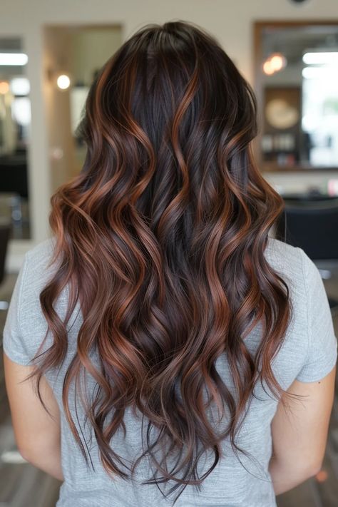 35 Copper Balayage Brunette Hairstyles To Add Warmth And Shine To Dark Hair In 2025 Auburn Hair With Lowlights, Copper Balayage On Brown Hair, Subtle Strawberry Blonde, Short Lob, Lob Styles, Copper Highlights On Brown Hair, Copper Balayage Brunette, Brunette Roots, Medium Length Curls