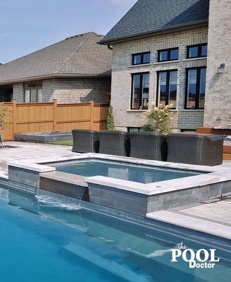 Spillover Spa Pool, Spa Spillover Into Pool, Pool Spa Tile Ideas, Spa Tile Ideas, Pool And Spa Design Backyards, Pebble Tech Pool Colors, Pool With Hot Tub And Tanning Ledge, Rectangle Pool With Spa, Pool Tanning Ledge