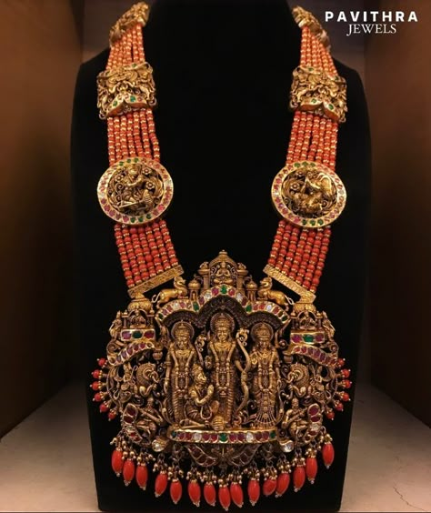 Gold Antique Coral Haram From 'Pavithra Jewels' • South India Jewels Pretty Gold Necklaces, Coral Jewellery, Coral Jewelry Set, Haram Designs, Jacket Designs, Gold Haram, Temple Jewelry Necklace, Neck Pieces Jewelry, Antique Necklaces Design