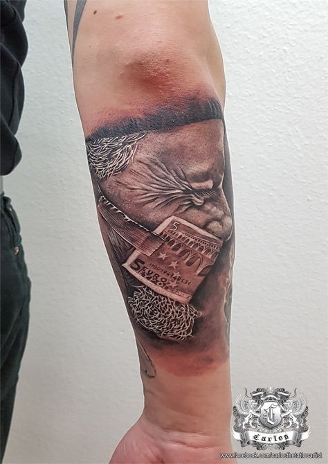 Euro Tattoo, Euro Money, Black And Grey Tattoo, Realistic Tattoo, Red Tattoos, Grey Tattoo, Black And Grey Tattoos, Old Man, Tattoo Style