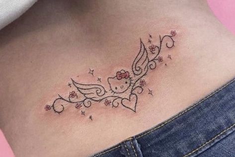 (˶'ᵕ'˶) Tatoos Woman Aesthetic, Y2 Tattoo, Hello Kitty Tramp Stamp Tattoo, Sanrio Tramp Stamp, Small Tattoo Aesthetic, Sanrio Tattoo Ideas, Hello Kitty Tramp Stamp, Cute Tramp Stamp Tattoos, Tattoo Hello Kitty