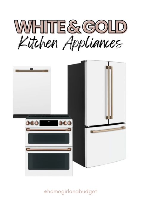 Cabinet Color For White Appliances, Black White Grey Gold Kitchen, White Kitchens Gold Hardware, White Fridge With Gold Handles, White Appliances With Gold Hardware, Kitchen With White And Gold Appliances, White Gold Kitchen Appliances, White And Gold Fridge, White Gold And Black Kitchen