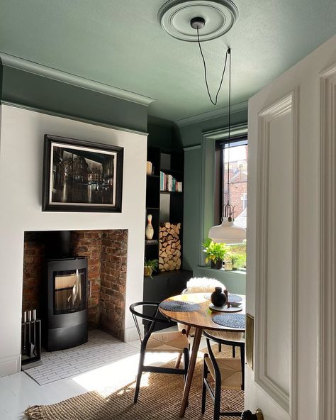 Victorian Living Room Painted Ceiling, Green Living Room Ceiling, Green Ceiling White Walls Living Room, Dark Low Ceiling Living Room, Painting A Ceiling Colour, Colour On Ceiling, Dining Room With Painted Ceiling, Living Room With Painted Ceiling, Light And Dark Colour Combinations