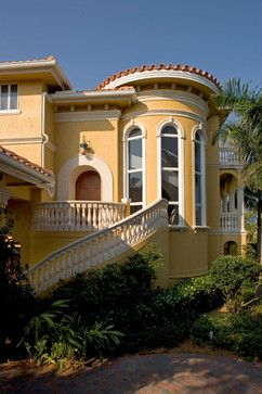 Tuscan House Exterior Paint Colors, Exterior Mediterranean House Colors, Yellow Stucco House Exterior, Sicily Decor, Cream Mediterranean House Exterior, Yellow Mediterranean House Exterior, Yellow House Exterior, Stucco Colors, Mediterranean Exterior