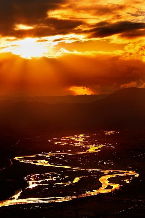 "The golden river" by Hercules Milas | Redbubble Oc Story, River Sunset, Sunset Mountains, Reference Board, Golden City, Sunrise Photos, Dark City, Mountain Sunset, Red Sky