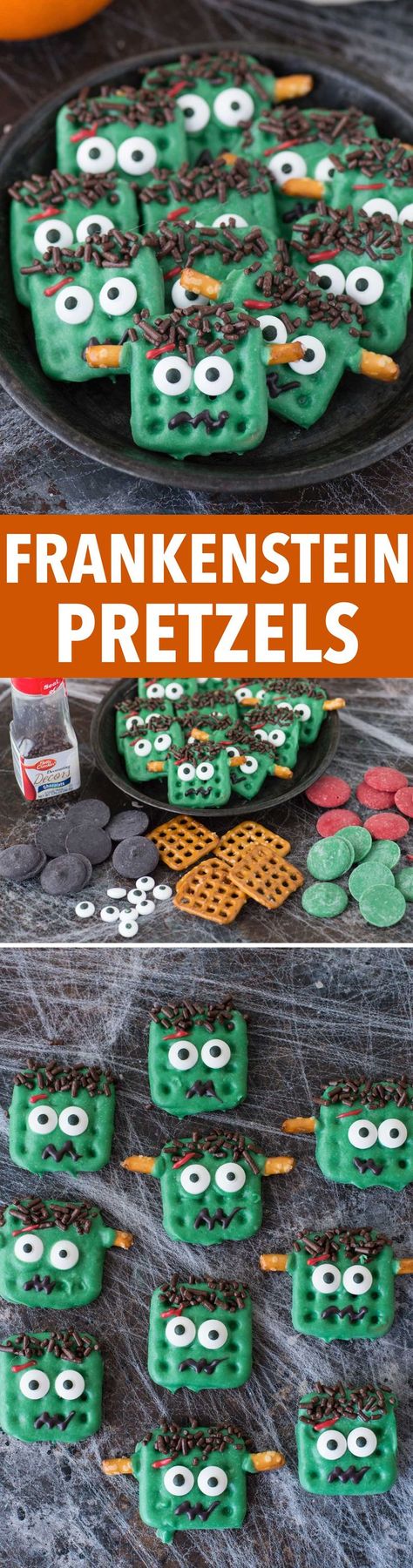 Easy halloween frankenstein pretzels using candy melts, pretzels, and a few simple ingredients! Kids can definitely help with this easy to make halloween treat! Frankenstein Pretzels, Using Candy Melts, Halloween Eats, Halloween Frankenstein, Halloween Foods, Frankenstein Monster, Make Halloween, Frankenstein Halloween, Holiday Snacks