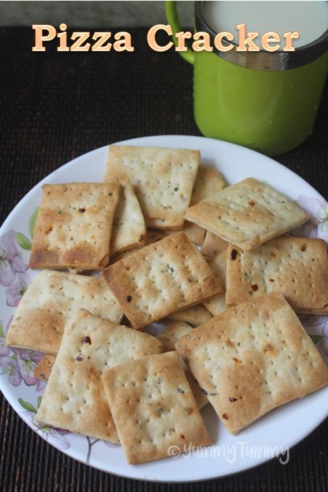 Pizza Crackers Recipe - Easy Basic Crackers Recipe Cracker Biscuits Recipe, Salted Biscuits, Baked Indian Snacks, Pizza Crackers, Lemon Pizza, Savory Crackers, Crackers Homemade, Homemade Crackers Recipe, Chocolates Cookies