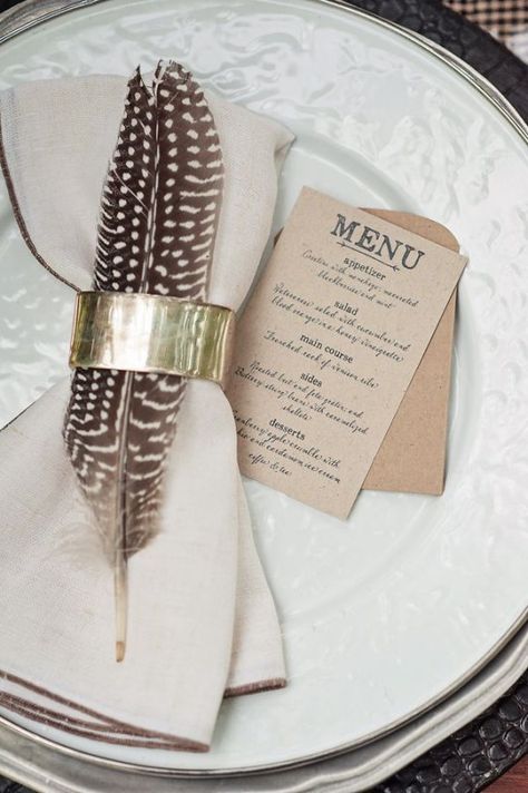 Feather Wedding Decorations, Masculine Wedding, Feather Wedding, Thanksgiving Tablescapes, Wedding Napkins, Thanksgiving Table, Menu Cards, Wedding Menu, Pavlova