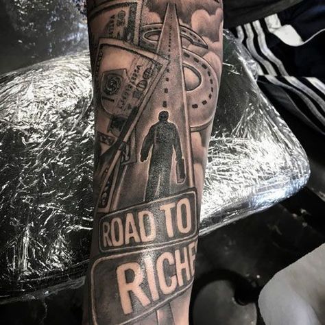 Road To The Riches Tattoo, Money Tattoo Sleeve For Men, Roads To Riches Tattoo, Road To Riches Tattoo Stencil, Money Tattoo Designs Men, Road Tattoo Sleeve, Sleeve Tattoos Money, Urban Tattoos Designs, Money Roll Tattoo Design