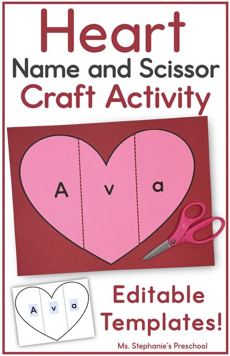 Heart Name and Scissor Craft Activity  Editable name pink heart with scissors Valentine's Day Centers For Kindergarten, Valentine Activies For Kids, February Sensory Bin Ideas Preschool Activities, Valentines Preschool Literacy Activities, Valentines Craft For Kids Preschool, Valentines Motor Activities, Heart Name Activity Preschool, Valentine’s Day Activity For Preschool, Heart Shaped Activities For Preschool