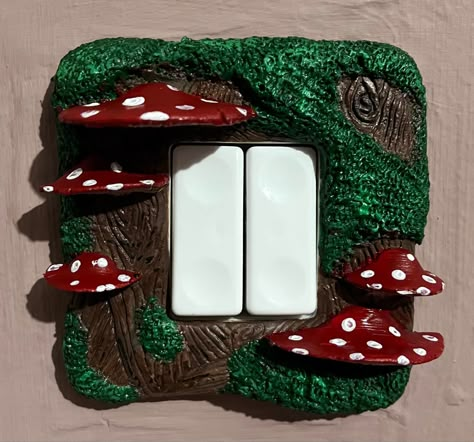 Clay Mushroom Shelf, Lightswitch Ideas, Clay Light Switch Cover, Mushroom Stuff, Cottagecore Crafts, Mushroom Light, Mushroom Paint, Handmade Aesthetic, Mushroom Crafts