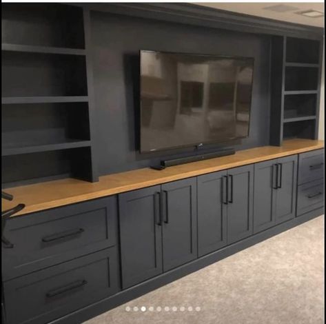 Theatre Style Living Room, Dark Built In Media Wall, Built In Movie Shelves, Dark Grey Entertainment Center, Basement Tv Wall Ideas Built Ins, Basement Tv Ideas, 8 Foot Ceilings Living Rooms, Basement Tv Built In, 4 Tvs On One Wall Game Room