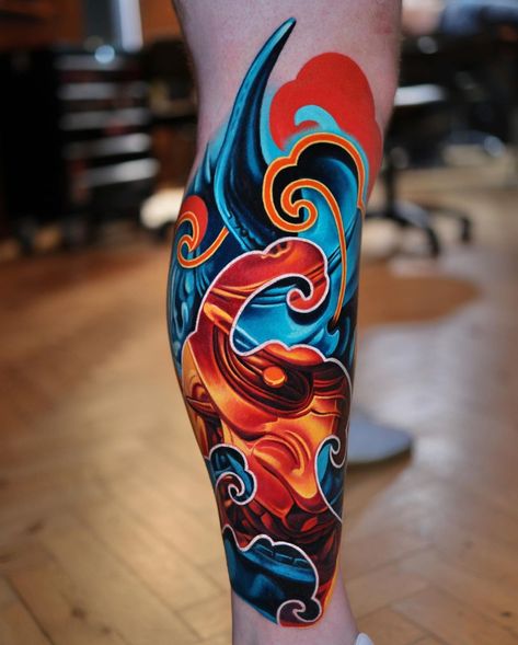 Japanese Sleeve Tattoos Color, New School Japanese Tattoo Designs, Color Tattoo For Men Leg, Oni Mask Tattoo Color, Modern Japanese Tattoo Designs, Modern Japanese Tattoo, Colour Tattoo, Japanese Hand Tattoos, Tattoo Perna