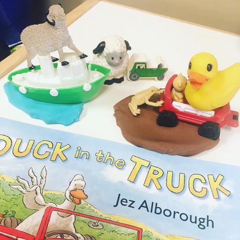 Duck in a red truck, sheep in green jeep, goat on a boat- I love using props to act out a story! Super cute book for an animal or farm week, AND to work on final K sounds with words like duck, truck, muck, yuck, and stuck! Duck In A Truck Stuck In The Muck, Duck In The Truck Activities, Truck Activities, Farm Week, Truck Nursery, Green Jeep, Eyfs Activities, Tuff Tray, Preschool Books