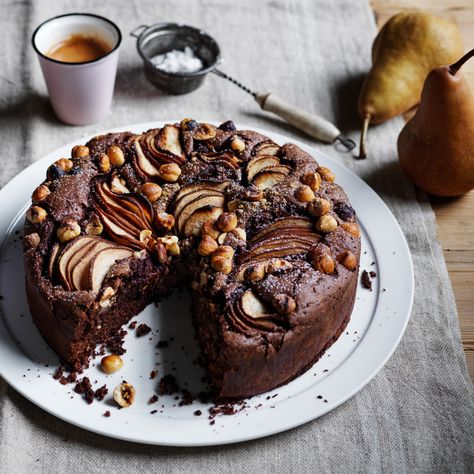 Chocolate pear olive oil cake | Australian Pears Deserts Aesthetic, Pear Chocolate, Dry Cake, Chocolate Fudge Sauce, Pear Cake, Oil Cake, Olive Oil Cake, Pear Recipes, How To Roast Hazelnuts