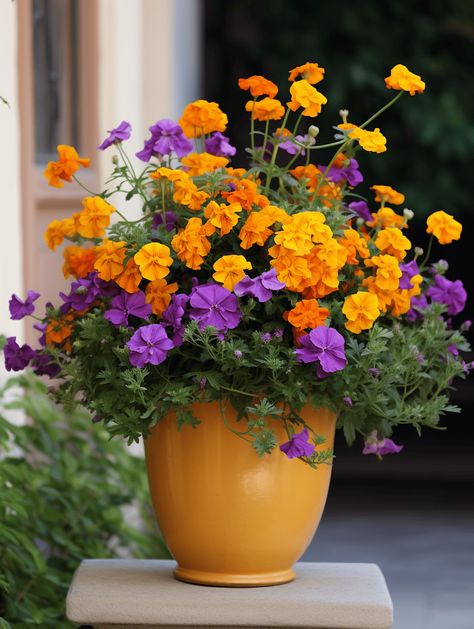 Yellow Flower Pot Ideas, Potted Annuals Ideas, Marigold Pot Ideas, Annual Planters Ideas, Marigolds In Pots, Orange Marigolds, Summer Planters, Patio Flower Pots, Growing Marigolds