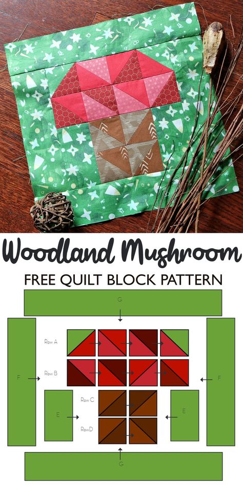 Woodland Mushroom Quilt Block Pattern Nature Quilt Blocks, Free Quilt Block Patterns Easy, Quilt Along Free, Mushroom Quilt Block Free Pattern, Mushroom Quilt Block, Free Quilt Square Patterns, Forest Quilt Pattern, Mushroom Quilt Pattern, Spring Quilts Ideas